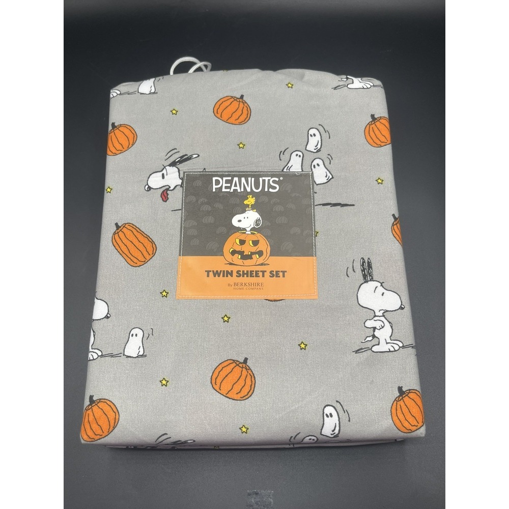 Berkshire Peanuts Halloween Snoopy Pumpkin TWIN Sheet Set Grey 3pc New
